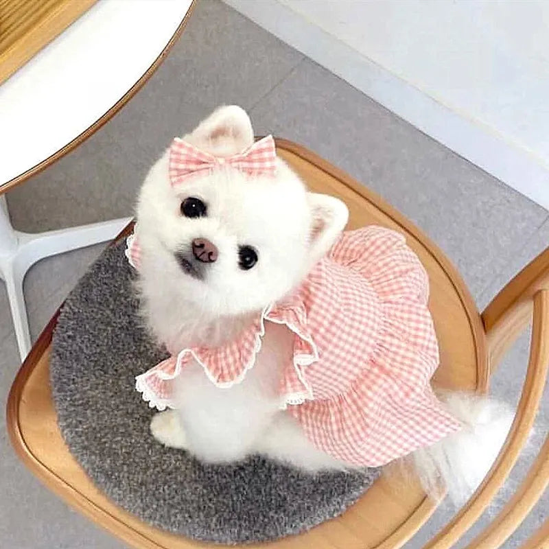 NONECN Plaid Lace Dog Dress Wearable for Pets All Seasons