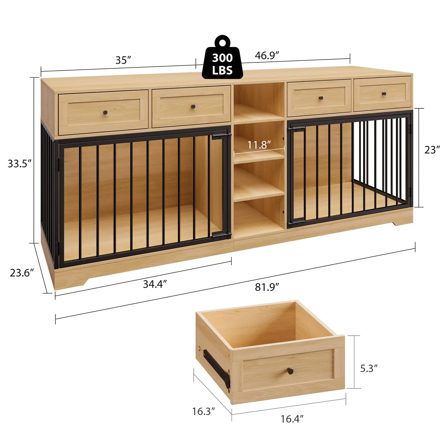 HiMISS Double Dog Crate Furniture TV Stand With Drawers