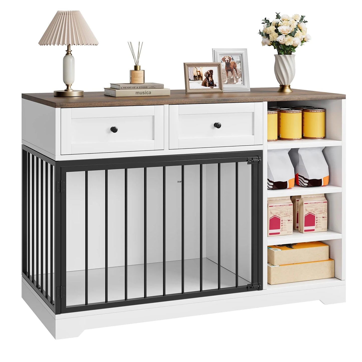HiMISS Dog Crate Furniture TV Stand With 2 Drawers And 4 Shelves