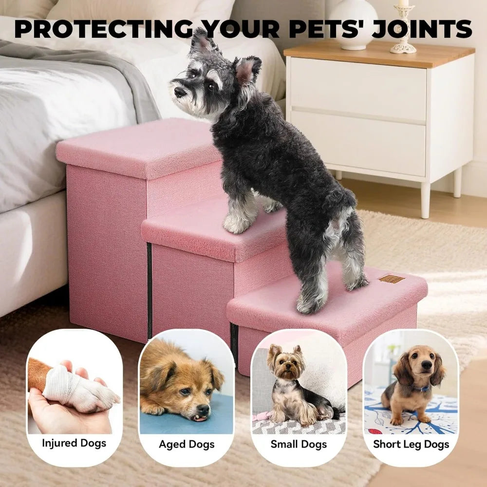 Dog Stairs With Storage And Furry Lid 3 Step Foldable