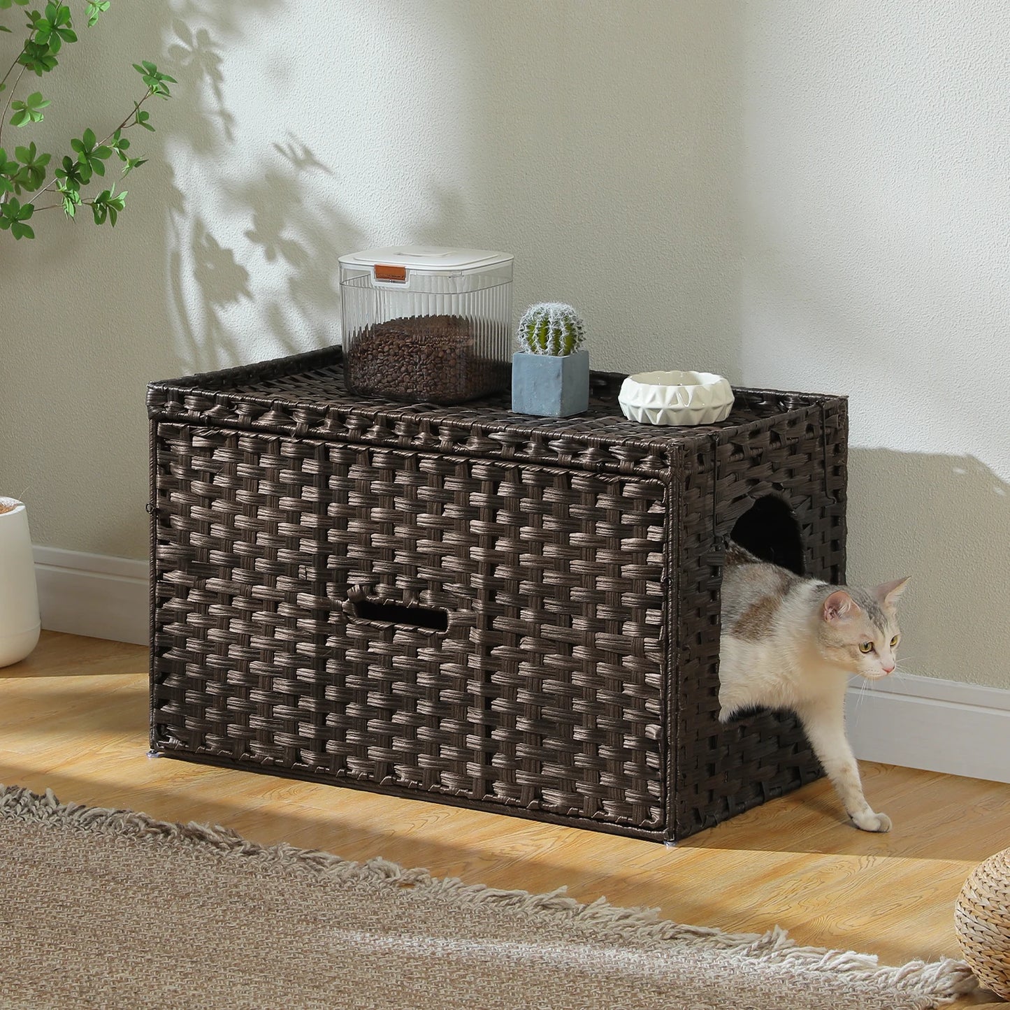 PEQULTICN Rattan Cat Litter Box Enclosure Taller Doorway FlipUp