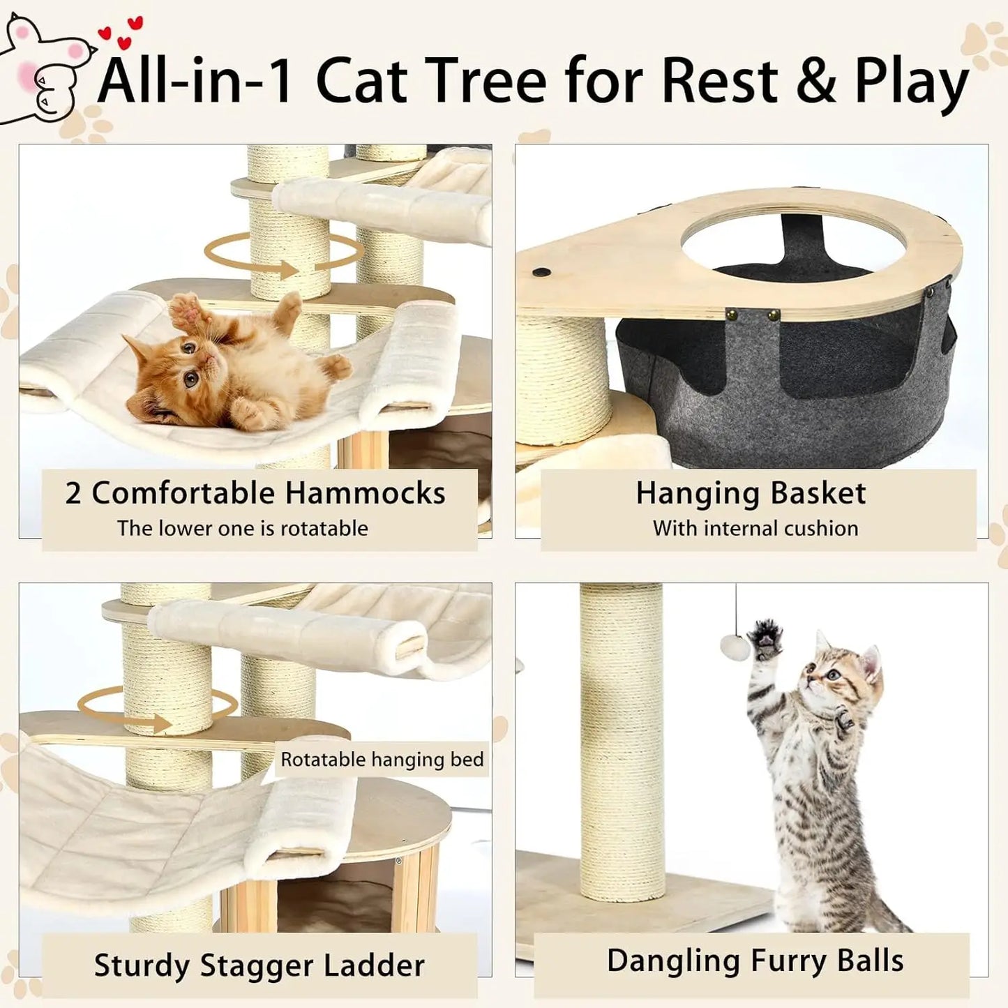 Large Cat Tree With Multi-Level Design Sisal Posts Hammocks Condo