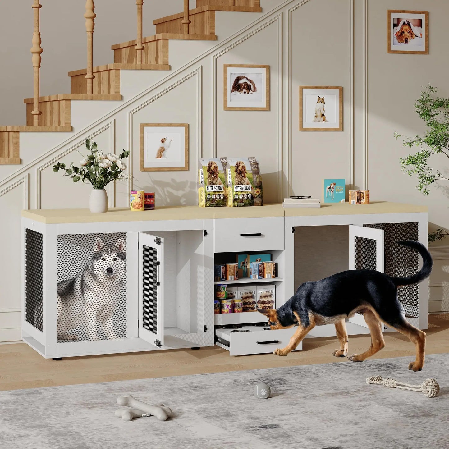 HiMISS 91 Inch Double Dog Crate TV Stand With Storage