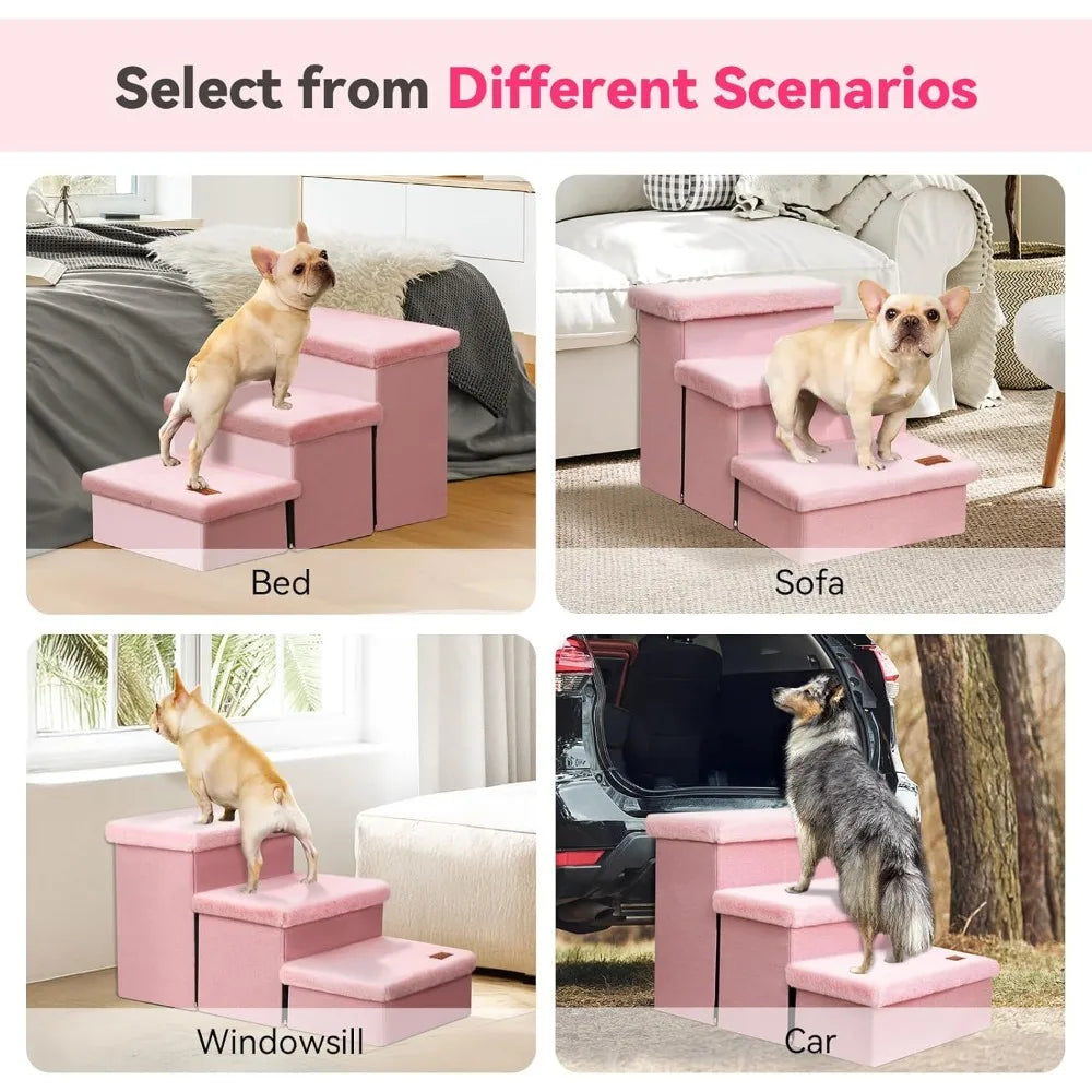 Dog Stairs With Storage And Furry Lid 3 Step Foldable