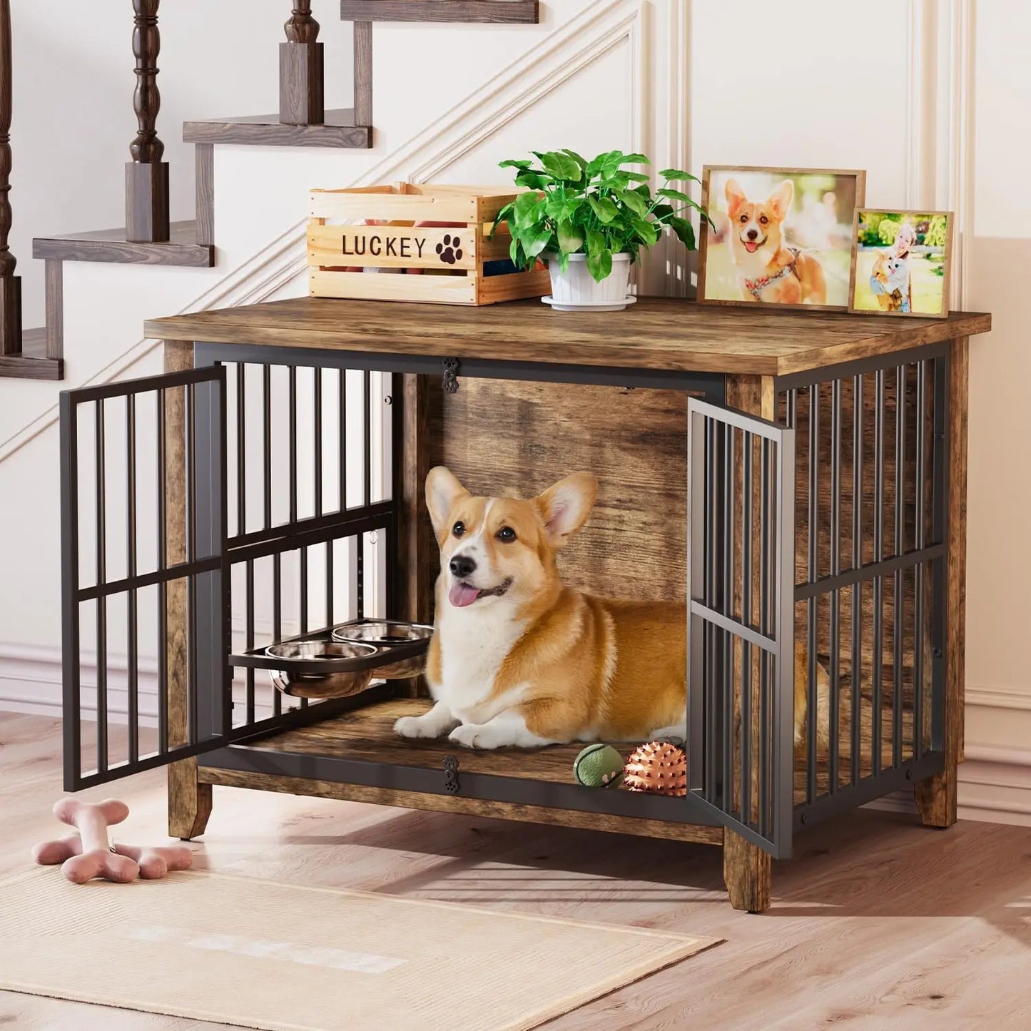 Wooden Dog Crate Kennel With Adjustable Rotating Feeder And Lockable