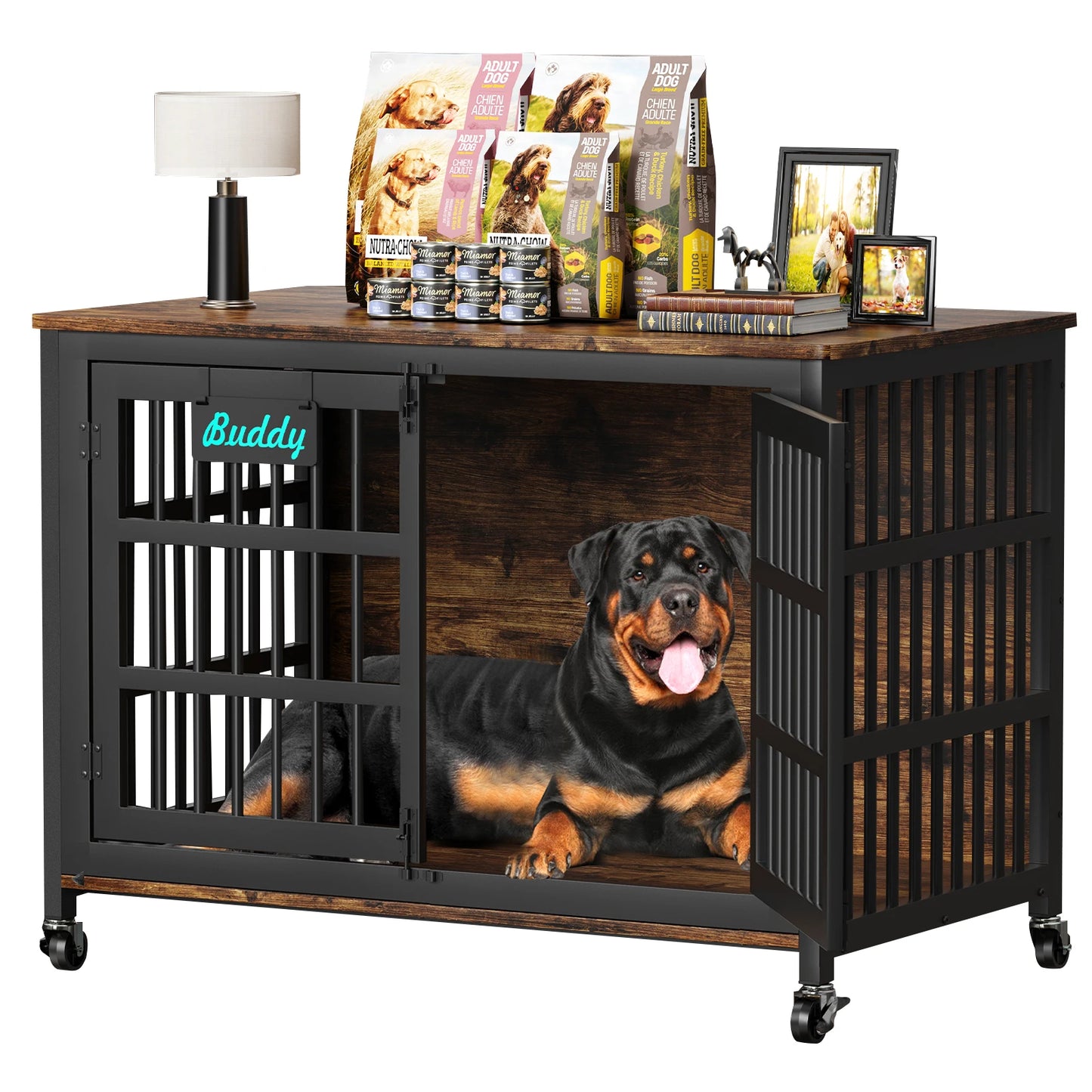 Heavy Duty Dog Crate Furniture With Casters Bedside Stand