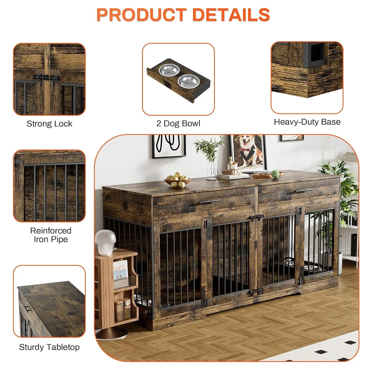 Double Dog Crate Furniture With Drawers And Bowls Indoor TV Stand