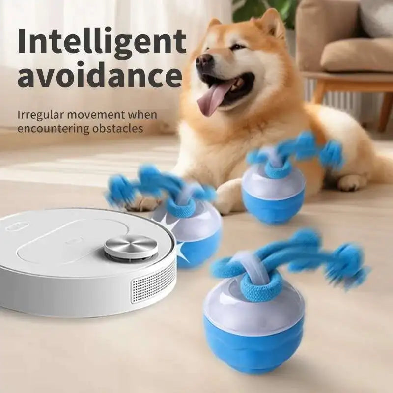 Interactive Rolling Ball Dog Toy With Rope Motion Activated Squeaker