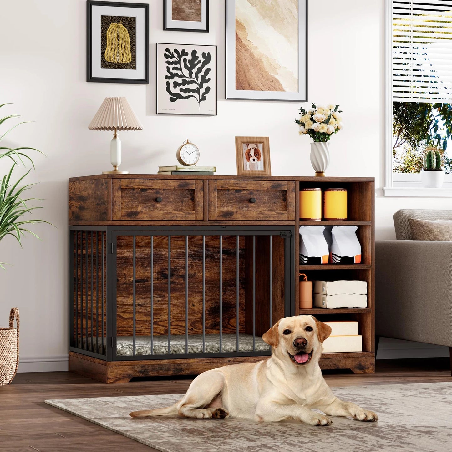 HiMISS Dog Crate Furniture TV Stand With 2 Drawers And 4 Shelves