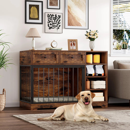 HiMISS Dog Crate Furniture TV Stand With 2 Drawers And 4 Shelves