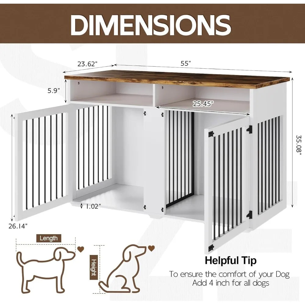 MKDK Wooden Dog Crate Furniture With Storage Compartments For Two Dogs