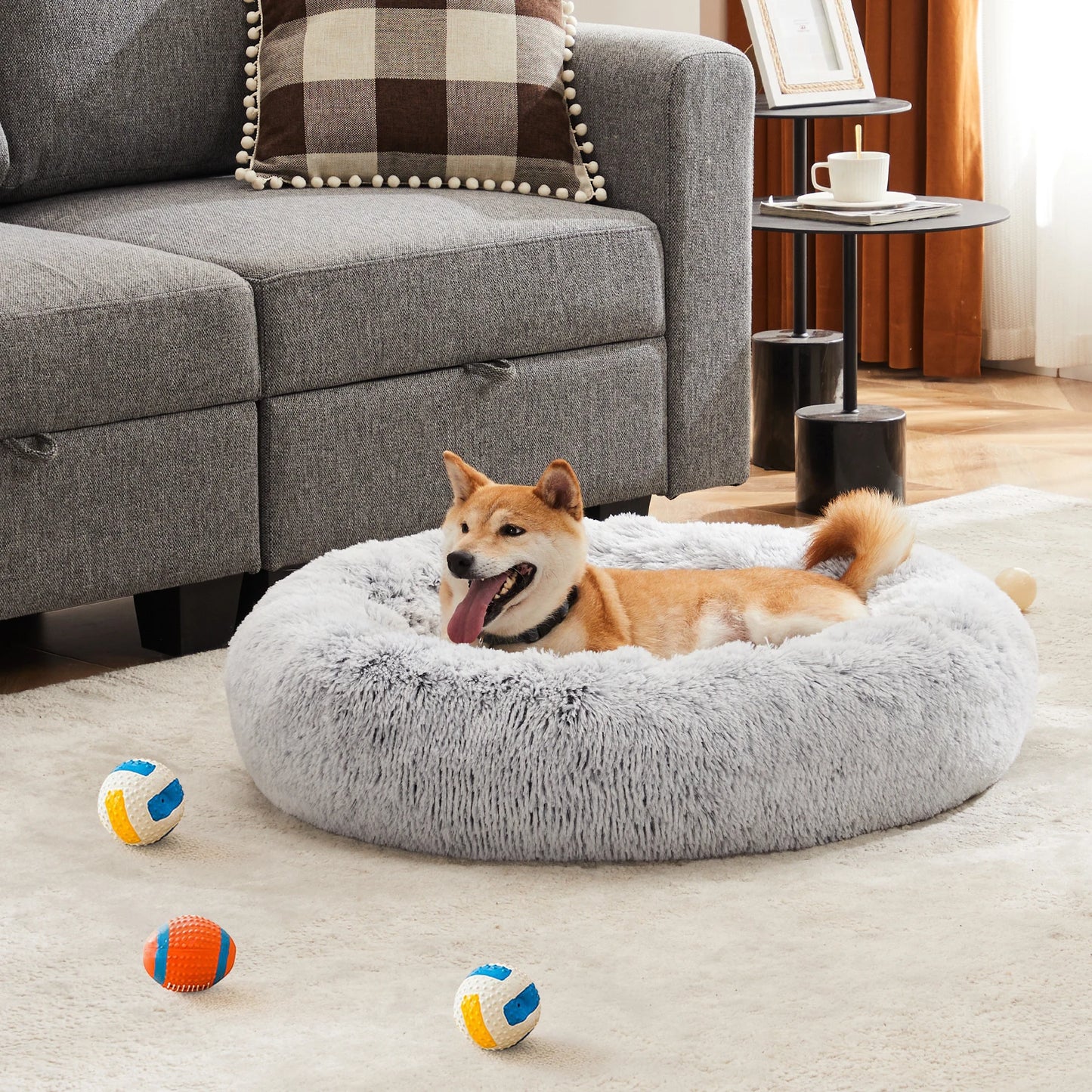 JHK Round Plush Faux Fur Calming Dog Bed, Washable