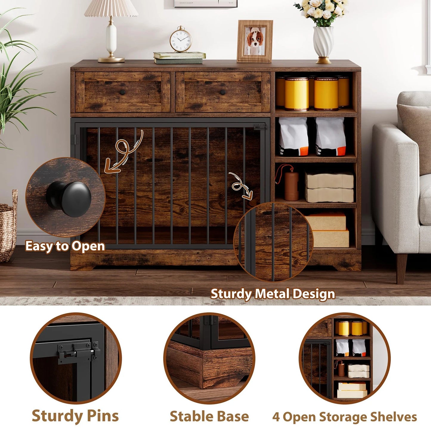 HiMISS Dog Crate Furniture TV Stand With 2 Drawers And 4 Shelves