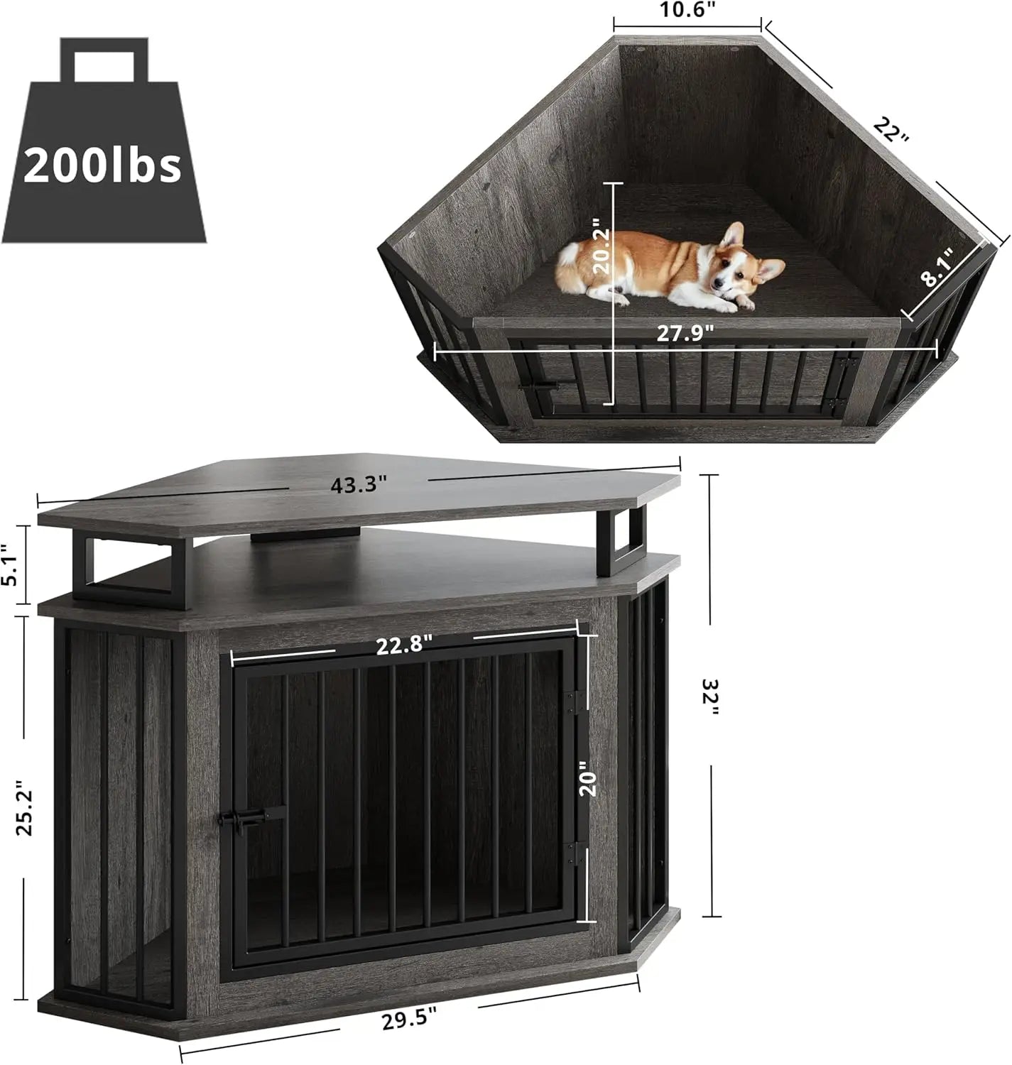 Corner Dog Crate With Two Tier Shelves Wooden Kennel Furniture