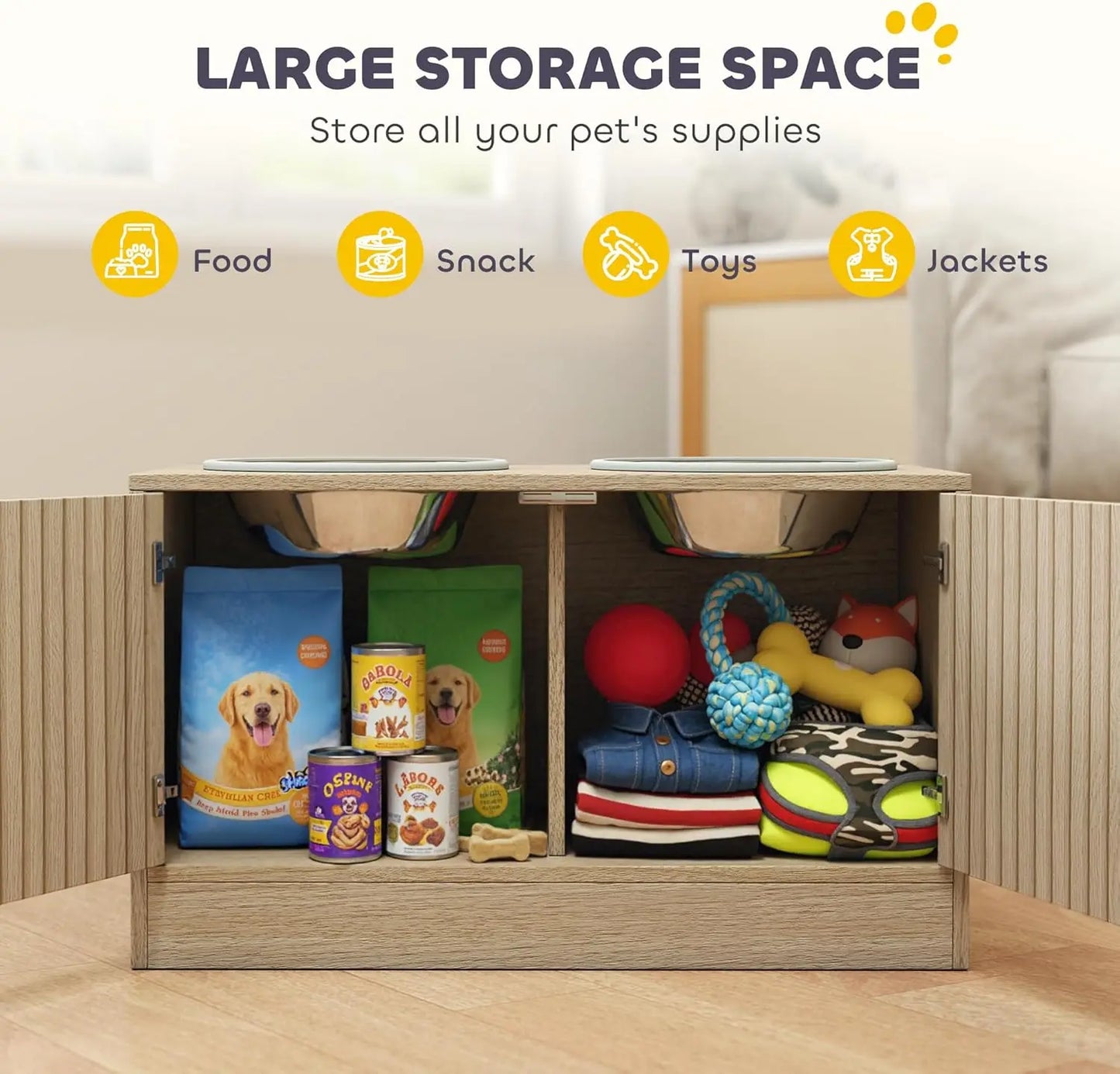 Elevated Dog Bowls With Storage Cabinet And Non Slip Stand