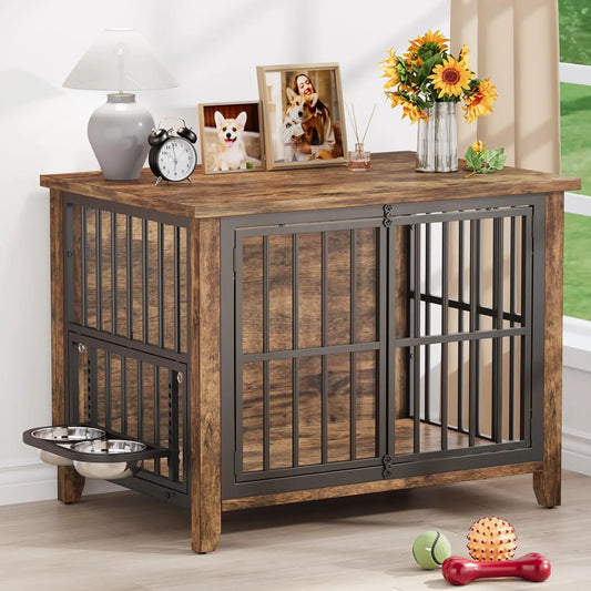 Wooden Dog Crate Kennel With Adjustable Rotating Feeder And Lockable