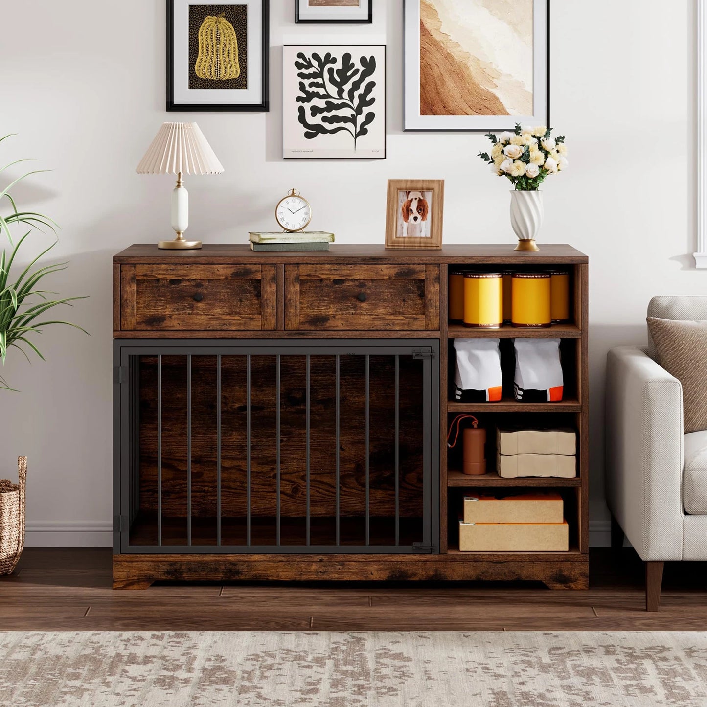 HiMISS Dog Crate Furniture TV Stand With 2 Drawers And 4 Shelves