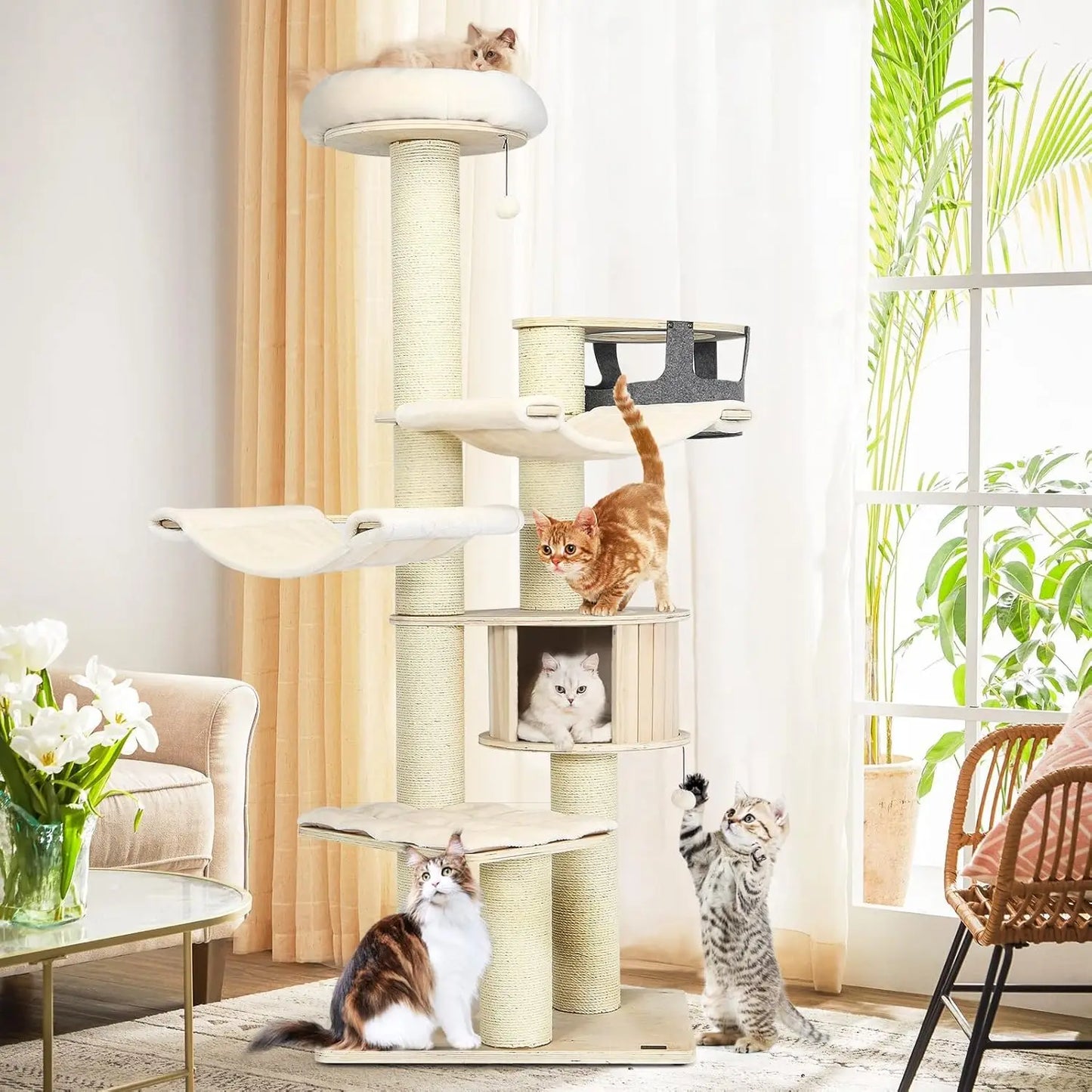 Large Cat Tree With Multi-Level Design Sisal Posts Hammocks Condo