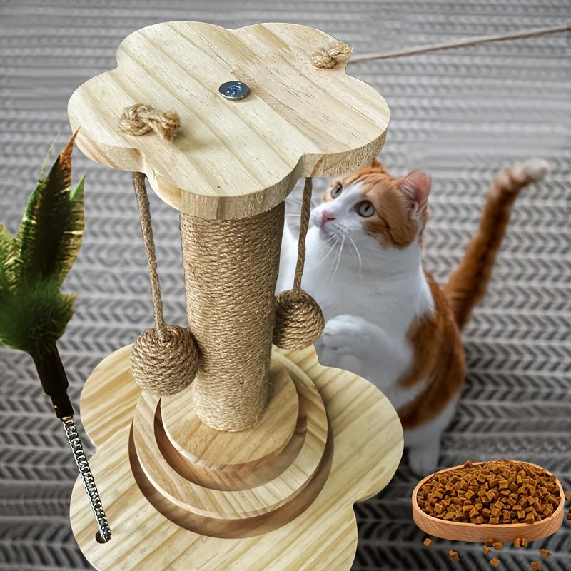 Indoor Sisal Cat Scratching Post With Ball Track Toy And Teasing Wand