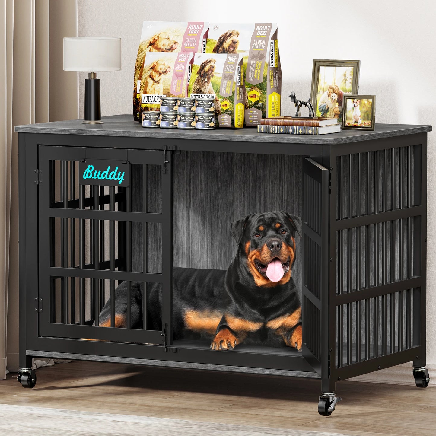 Heavy Duty Dog Crate Furniture With Casters Bedside Stand