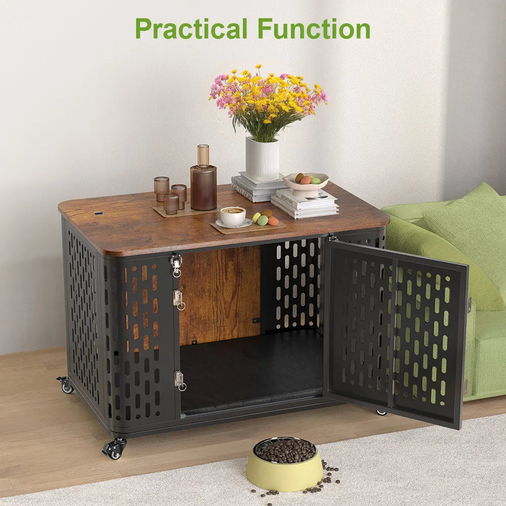 ONBRILL Dog Crate Pet Furniture Kennel With Cushion And Wheels