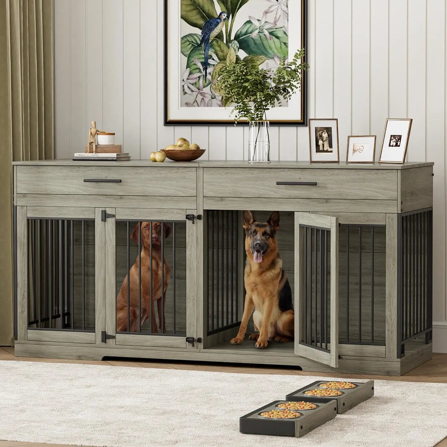 Double Dog Crate Furniture With Drawers And Bowls Indoor TV Stand