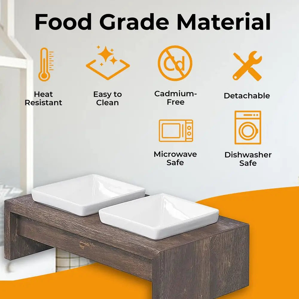 Double Dog Feeder With Rubberwood Frame And Square Ceramic Bowls
