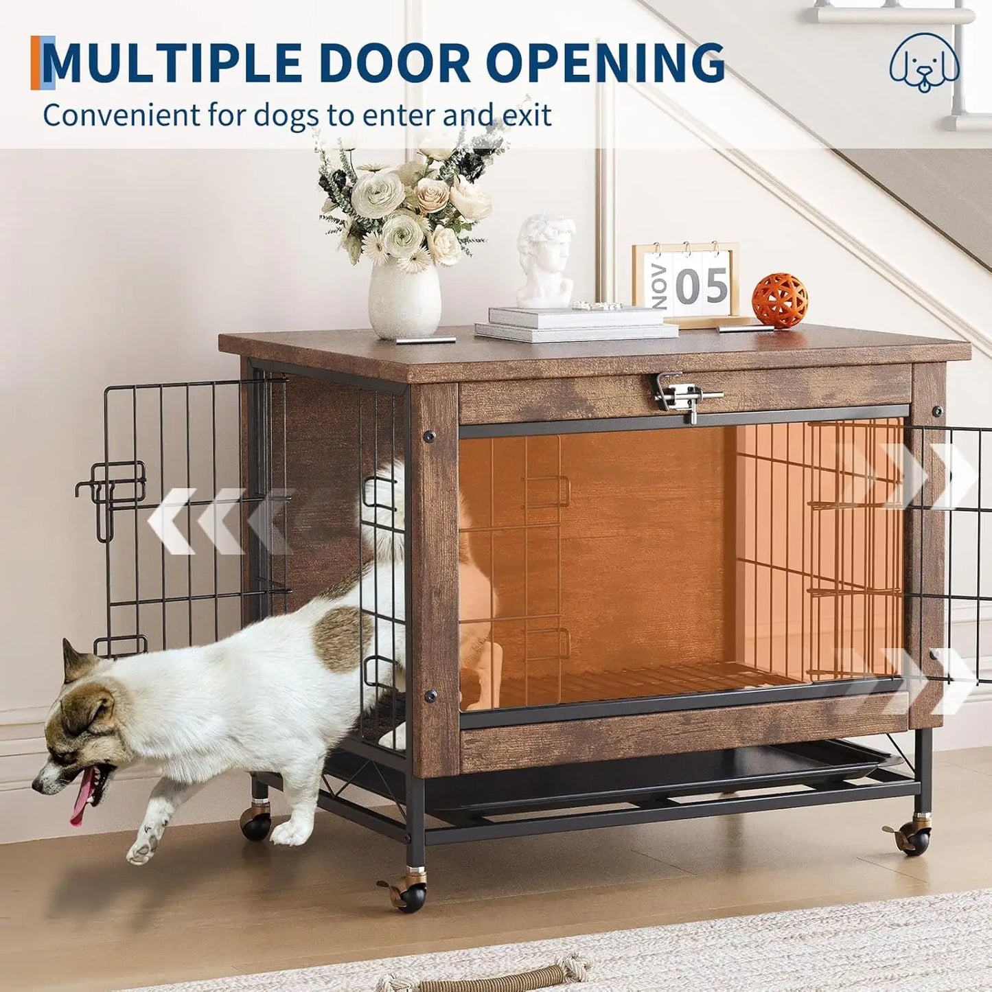 TWISTER.CK Dog Crate Furniture Double Door With Wheels Removable Tray