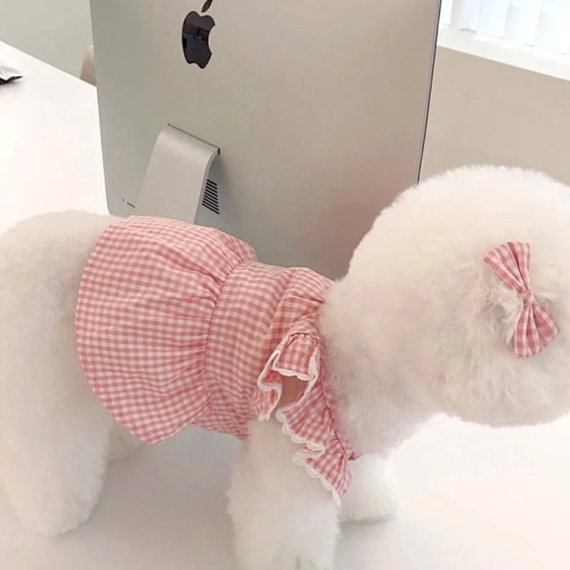 NONECN Plaid Lace Dog Dress Wearable for Pets All Seasons
