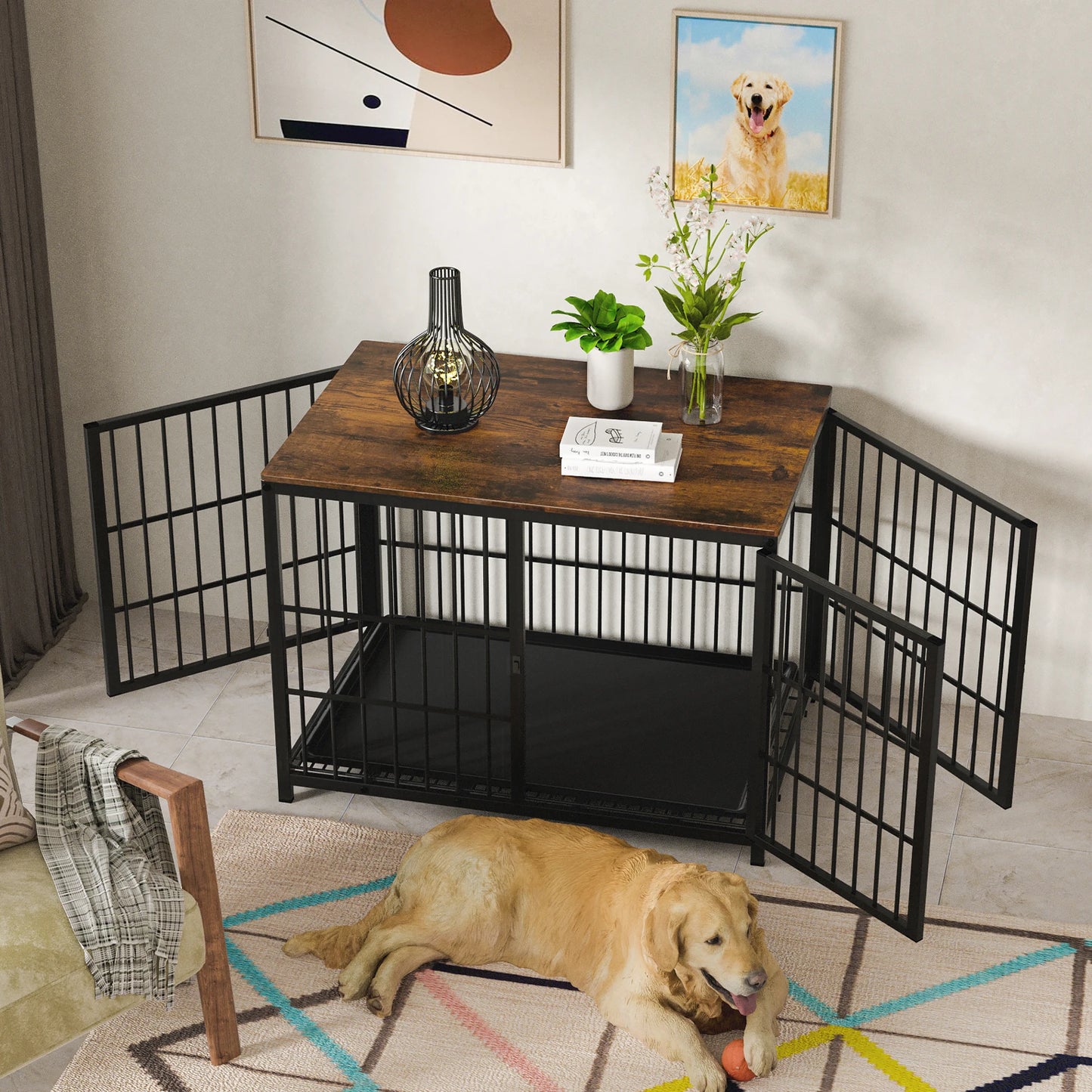 BORWART Elevated Wooden Dog Crate End Table Kennel with Tray