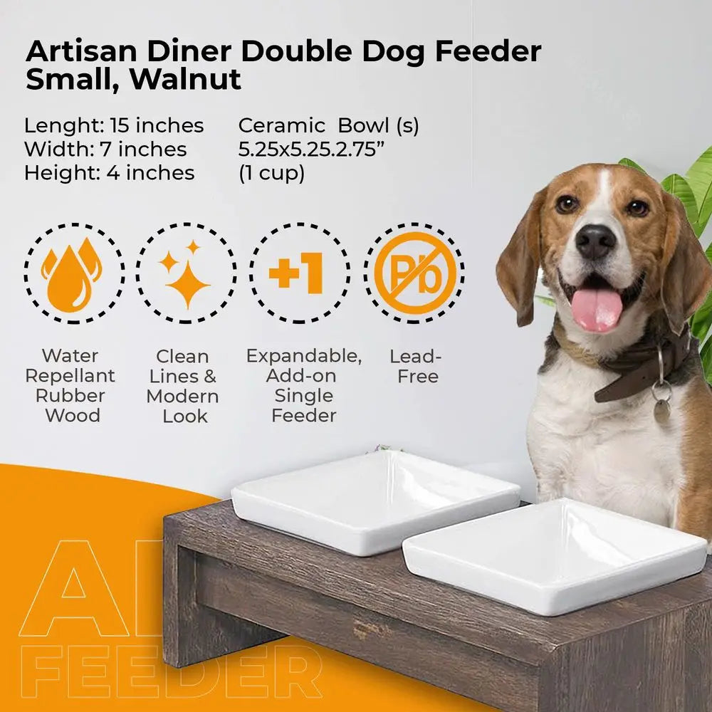 Double Dog Feeder With Rubberwood Frame And Square Ceramic Bowls