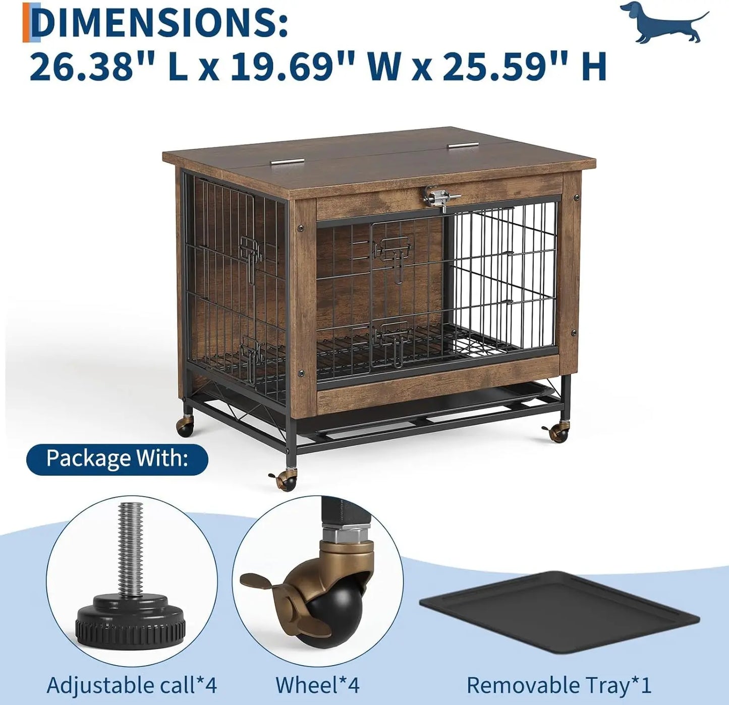 TWISTER.CK Dog Crate Furniture Double Door With Wheels Removable Tray