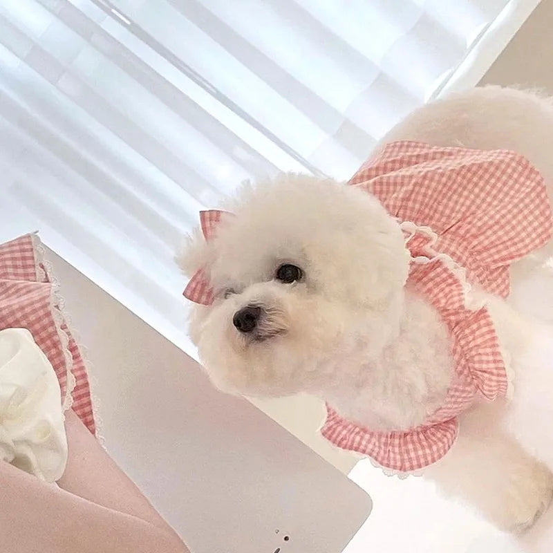 NONECN Plaid Lace Dog Dress Wearable for Pets All Seasons