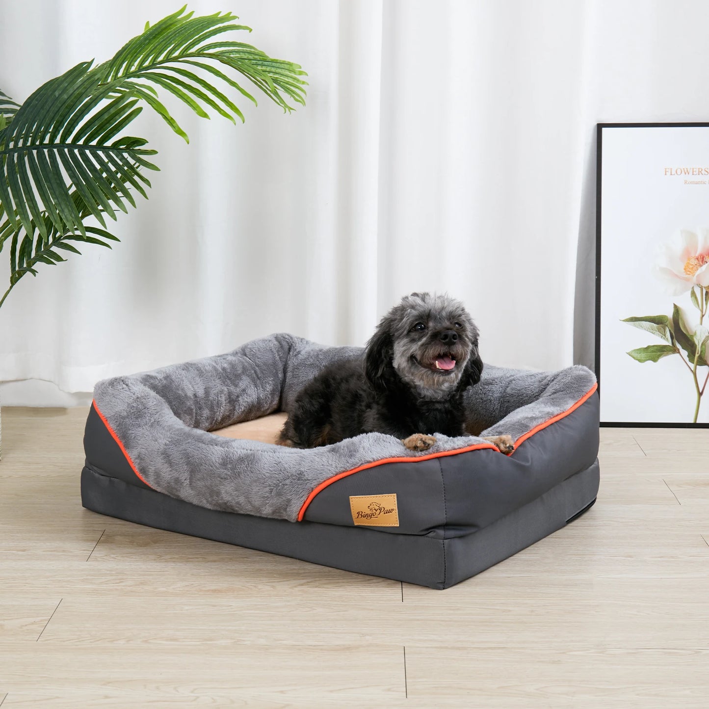 BINGOPAWCN Orthopedic Dog Bed With Removable Cotton Padded Bolster Cover