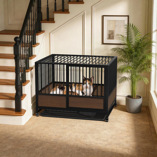 BINGOPAW Heavy Duty Rolling Dog Crate Cage 2 In 1