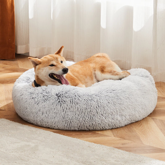JHK Round Plush Faux Fur Calming Dog Bed, Washable