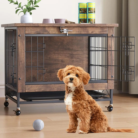 TWISTER.CK Dog Crate Furniture Double Door With Wheels Removable Tray