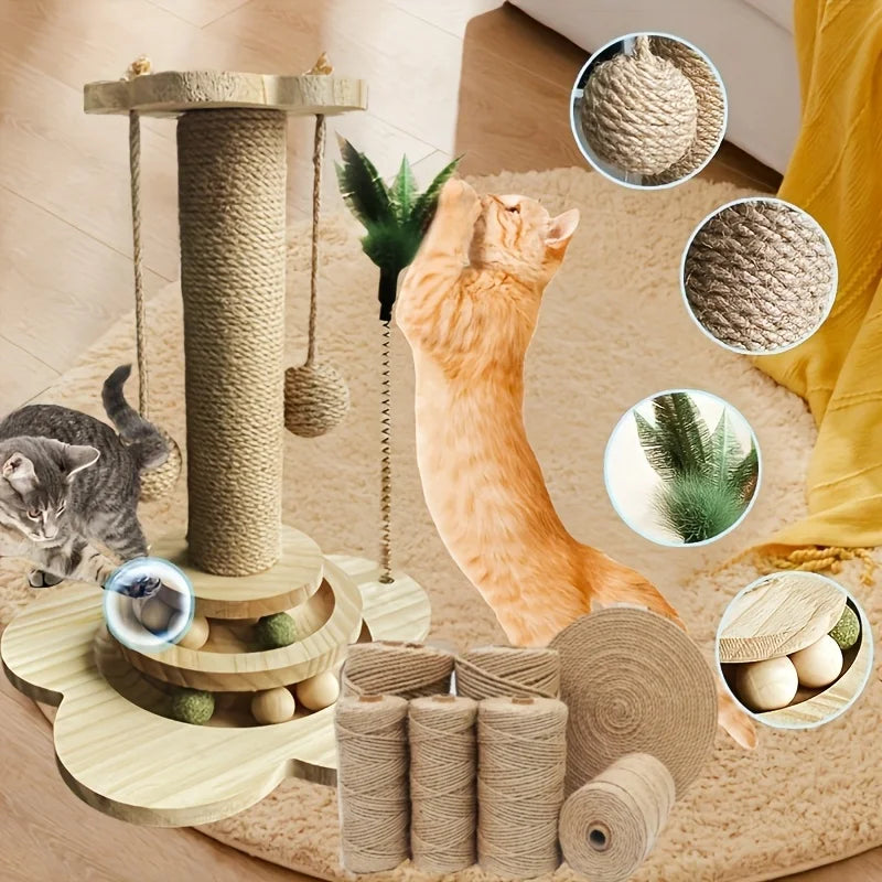 Indoor Sisal Cat Scratching Post With Ball Track Toy And Teasing Wand