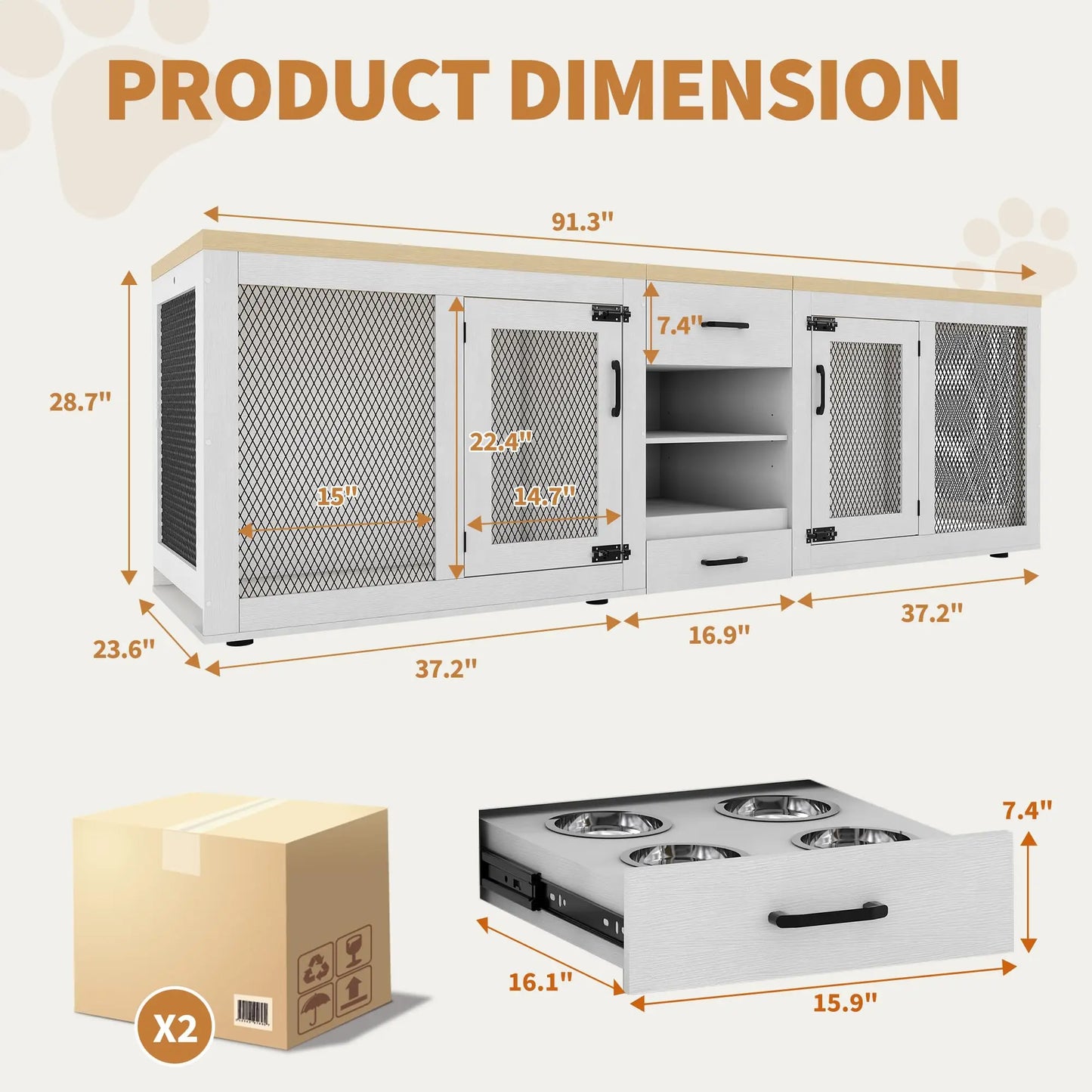HiMISS 91 Inch Double Dog Crate TV Stand With Storage