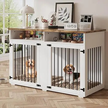 MKDK Wooden Dog Crate Furniture With Storage Compartments For Two Dogs