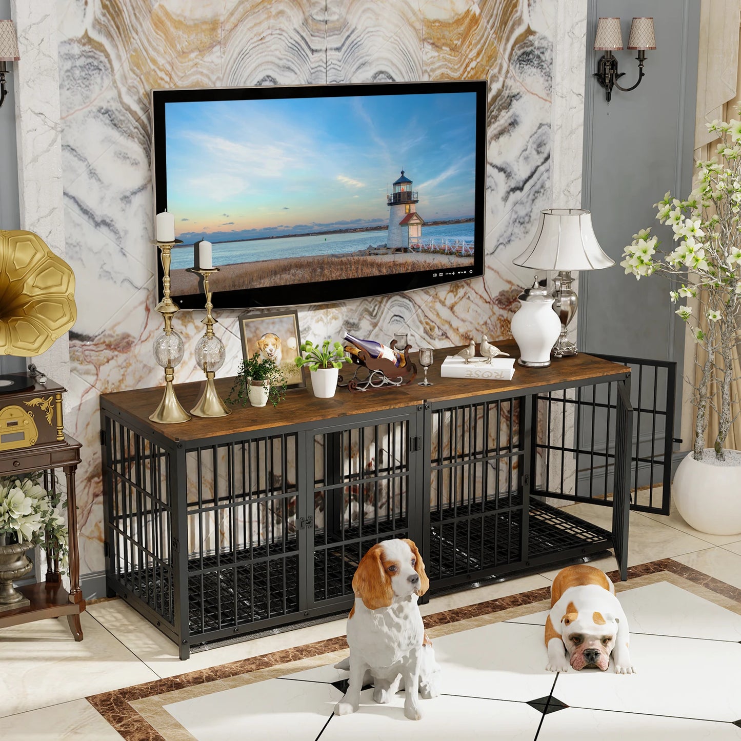 BORWART Elevated Wooden Dog Crate End Table Kennel with Tray