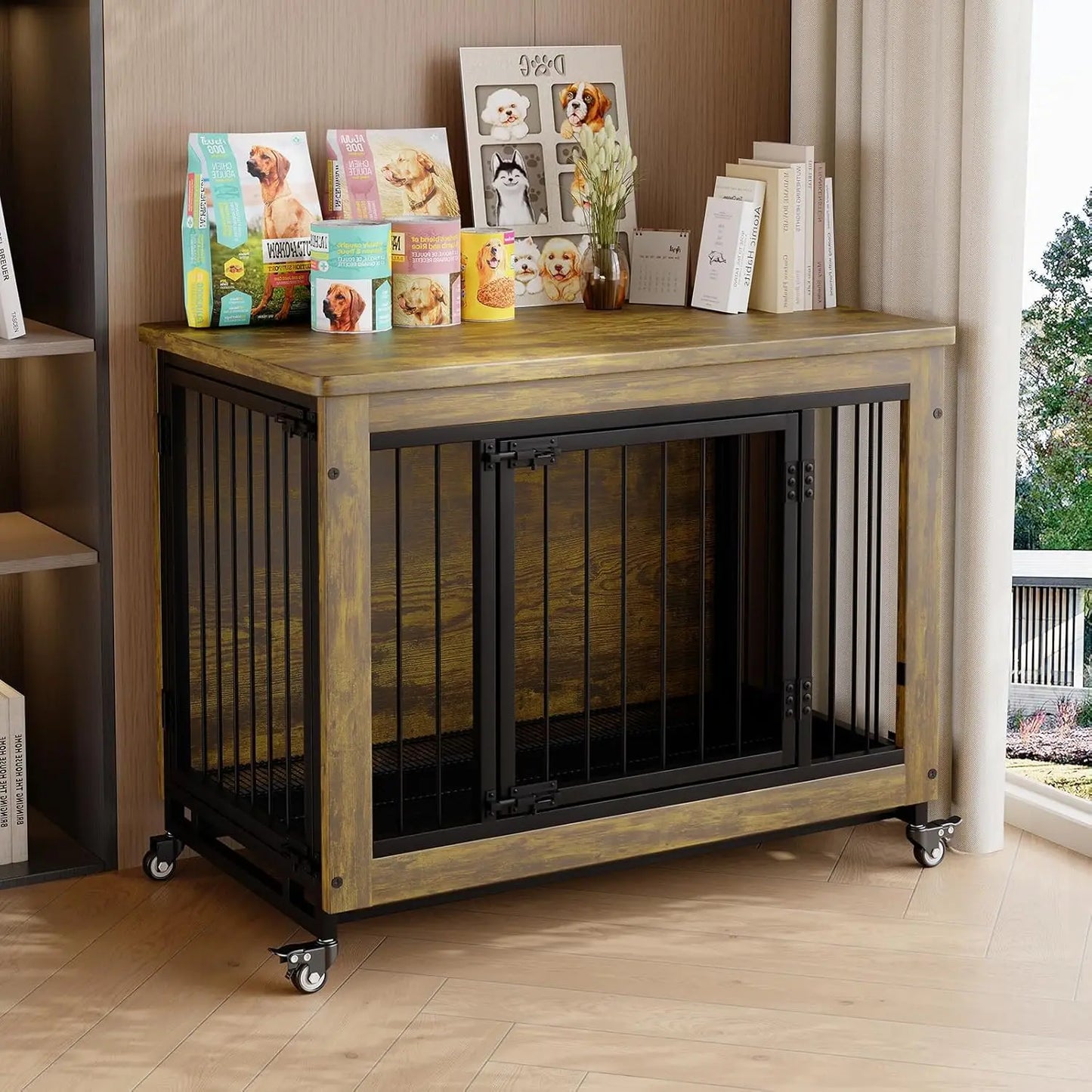 HiMISS Wooden Dog Crate Furniture With 3 Doors And Wheels