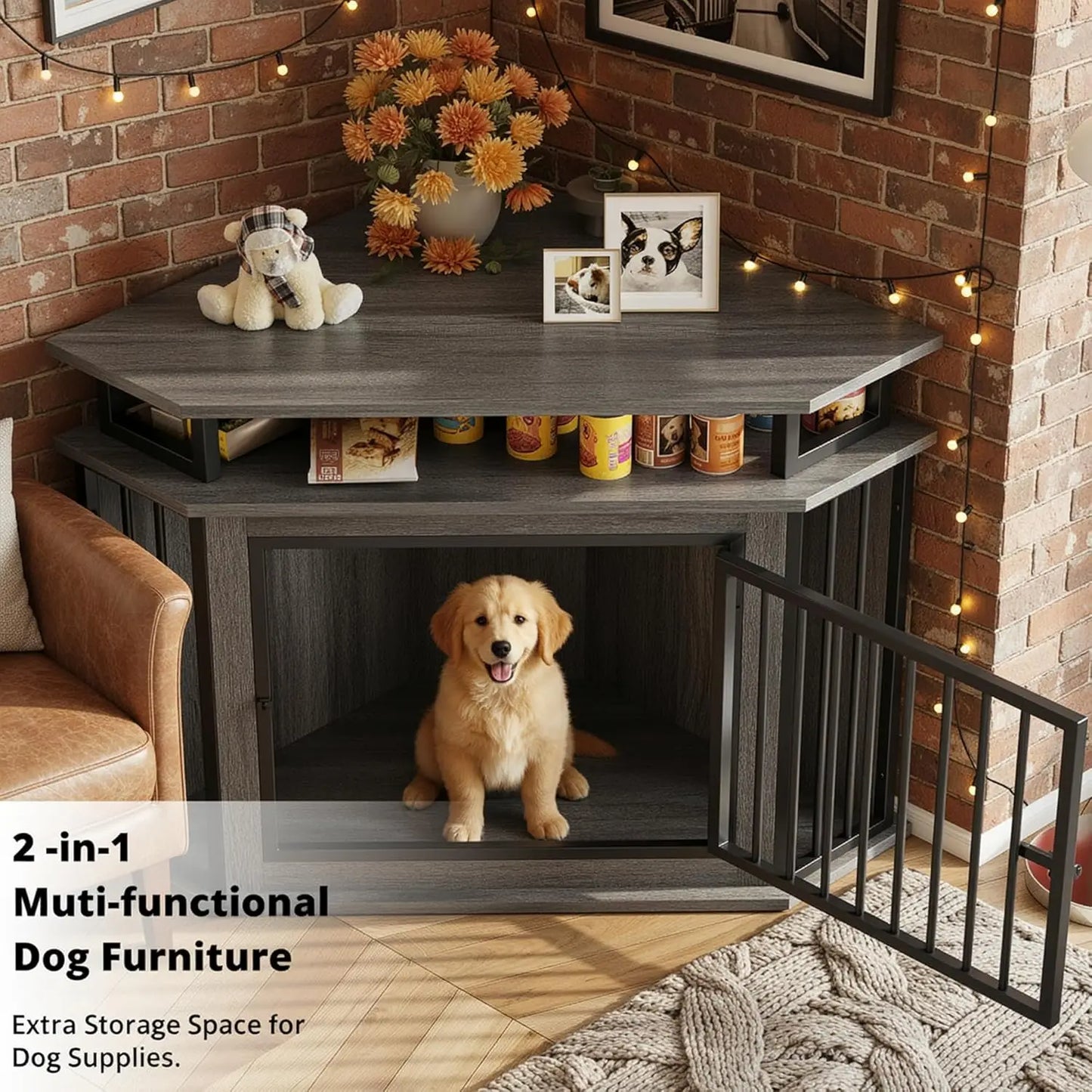Corner Dog Crate With Two Tier Shelves Wooden Kennel Furniture