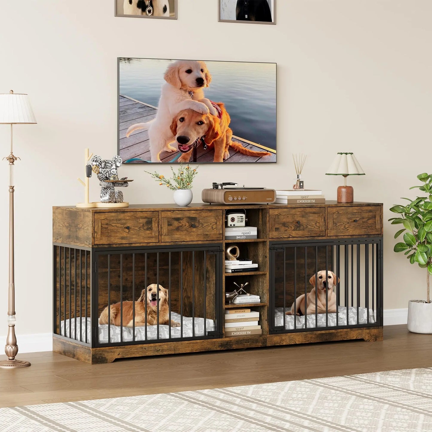 HiMISS Double Dog Crate Furniture TV Stand With Drawers