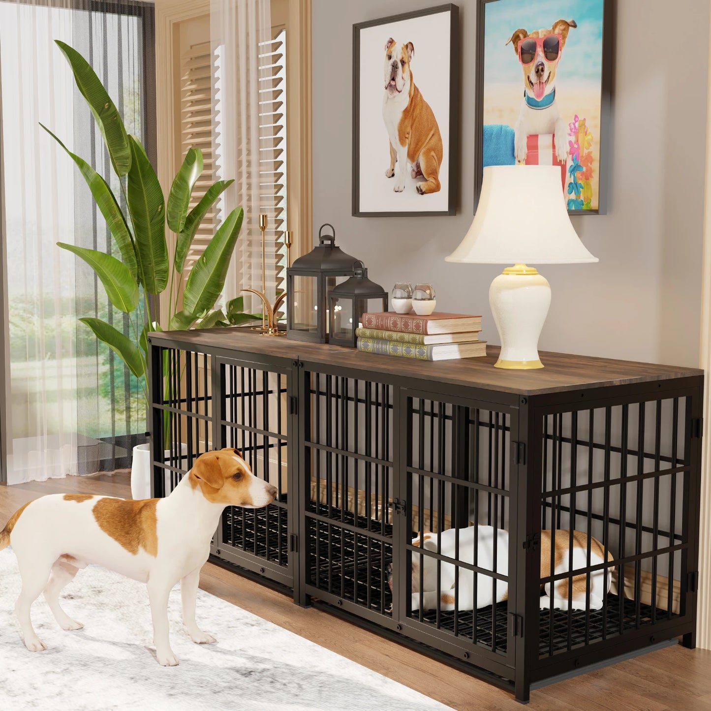 BORWART Elevated Wooden Dog Crate End Table Kennel with Tray