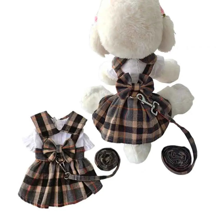 NONECN Plaid Dog Dress With Bowknot Adjustable Leash