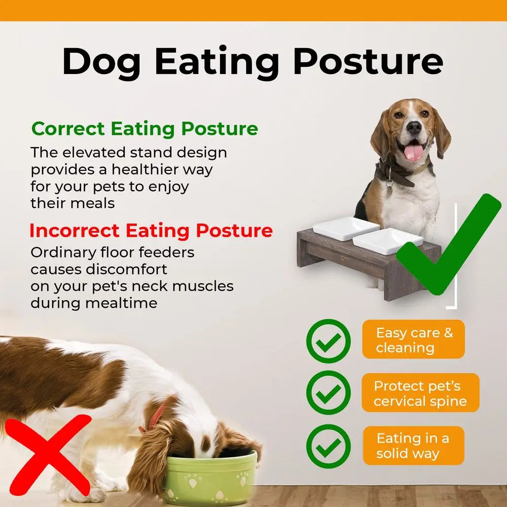 Double Dog Feeder With Rubberwood Frame And Square Ceramic Bowls