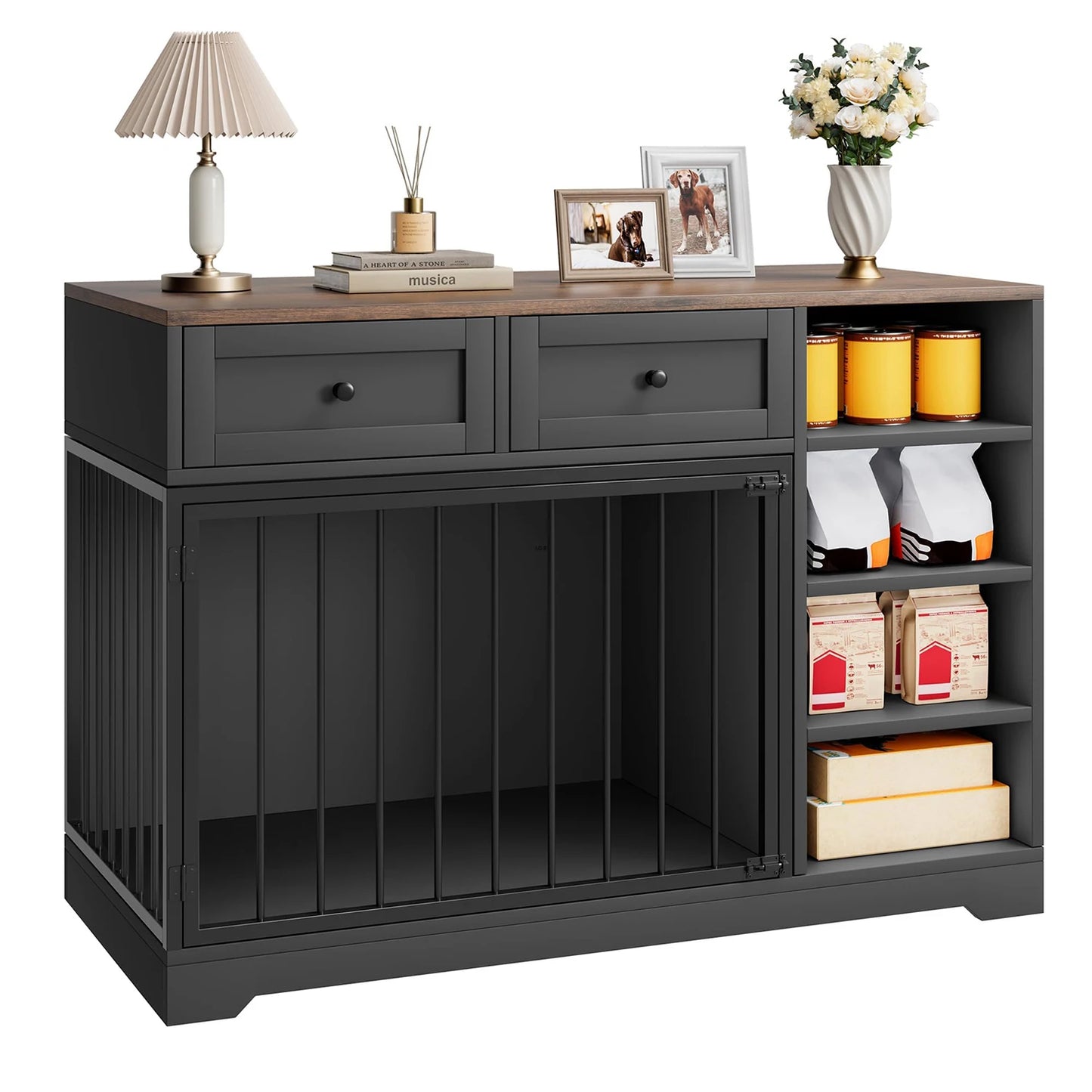 HiMISS Dog Crate Furniture TV Stand With 2 Drawers And 4 Shelves