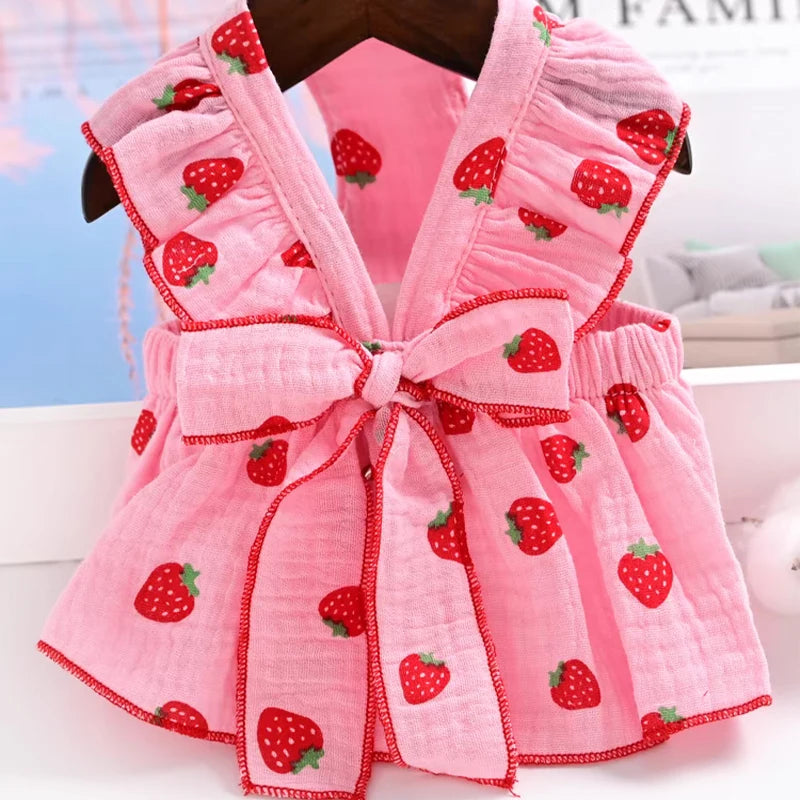 Summer Strawberry Print Bowknot Pet Dress For Cats And Dogs
