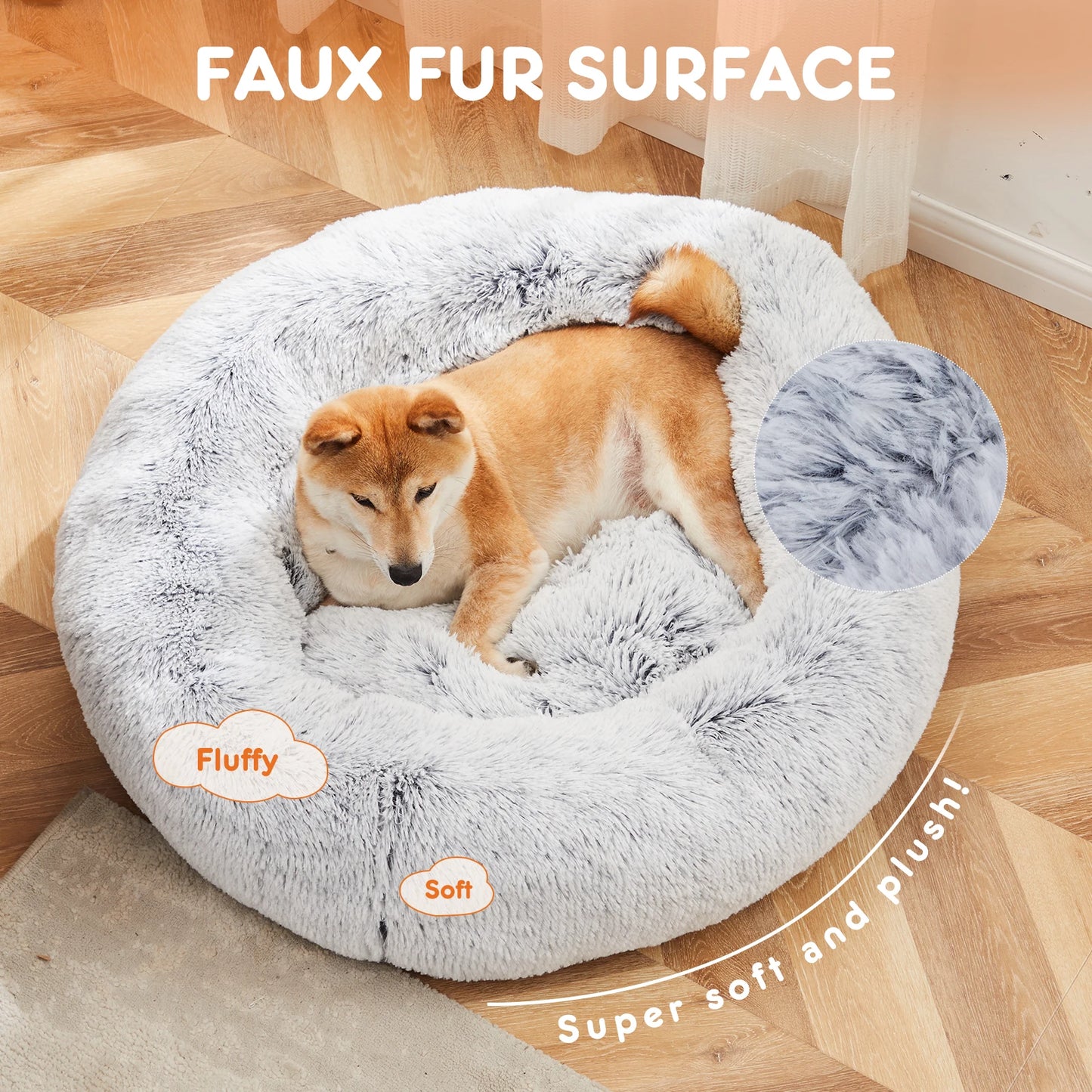 JHK Round Plush Faux Fur Calming Dog Bed, Washable